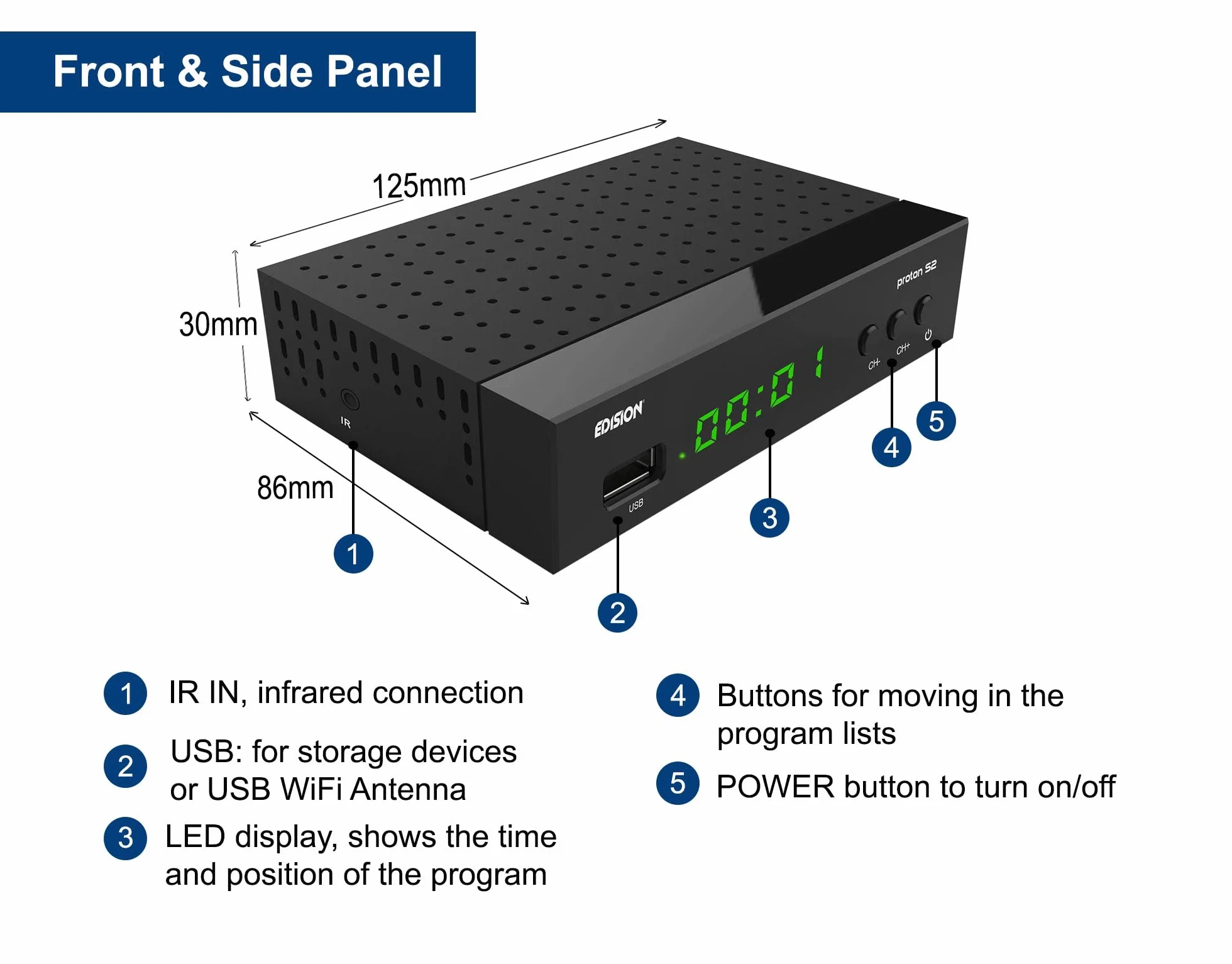 Edision PROTON S2 - Decoder DVB-S2 HD, Ricevitore Digitale Satellitare Full HD DVB-S2, USB, HDMI, SCART, Sensore IR, Supporto USB WiFi, Telecomando Universale 2in1, Nero