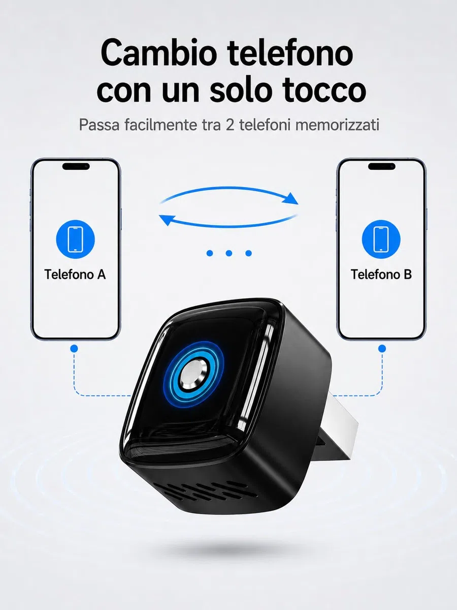 Adattatore Wireless CarPlay e Android Auto 2 in 1, Dongle Nero Ultra Mini con Pulsante Interruttore per 2 Dispositivi, WiFi 5,8 GHz, Plug & Play, USB-A/USB-C, OTA per Auto con CarPlay/Android Auto