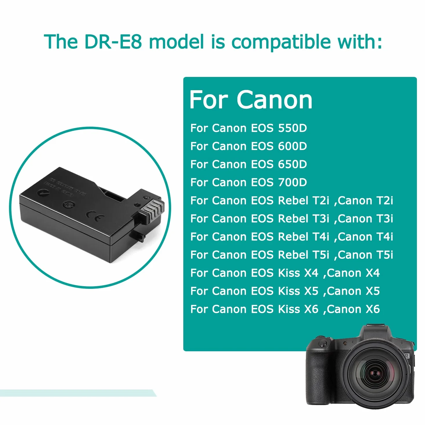 ACK-E8 Adattatore di alimentazione CA DR-E8 Accoppiatore CC LP-E8 Batteria fittizia per Canon EOS 550D 600D 650D 700D Rebel T2i T3i T4i Kiss X4 X5 X6i Fotocamere