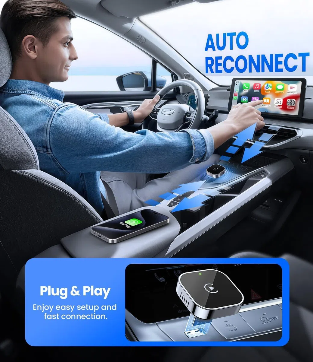 MZU CarPlay Adattatore Wireless per iPhone – Upgrade a CarPlay, Plug & Play, USB/Type-C, Mini & Stabile Wireless Car Play Adapter Compatibile con Apple iOS 10+ & Wired CarPlay Auto dal 2016