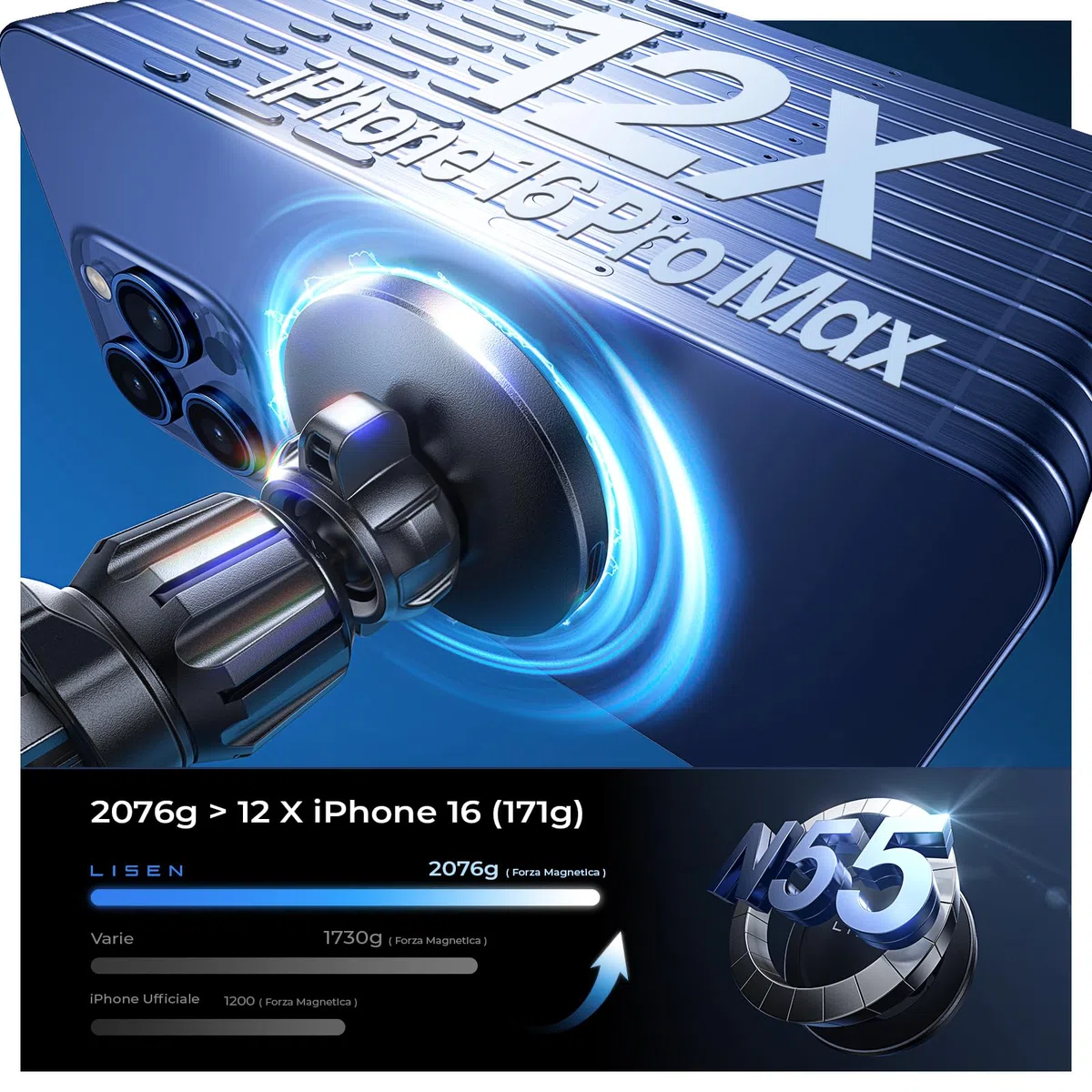 LISEN 15W Supporto Auto Magsafe [2025 N55 Magnete] [Stabile Senza Cadute] Porta iPhone Auto, Ricarica Veloce Supporto Magnetico Cellulare, Caricatore Wireless Accessori 17 per iPhone 16 15 14 13 12
