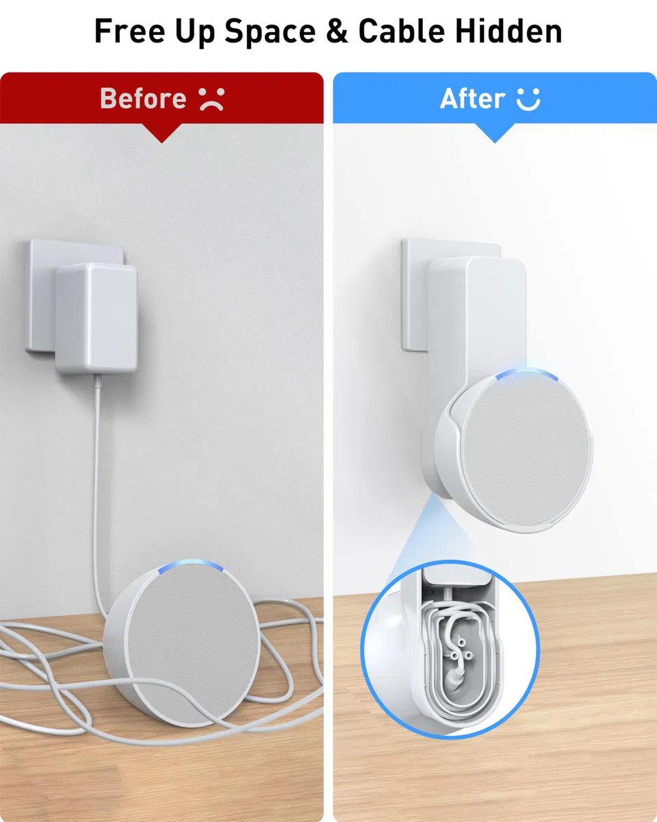 Maxonar Staffa a Parete Ech0 PoP, Staffa Salvaspazio per Supporto Presa Ech0 PoP, Gestione cavi Integrata, Non Richiede Foratura, Adatto per Soggiorno, Cucina, Camera da Letto, Bagno, Bianco