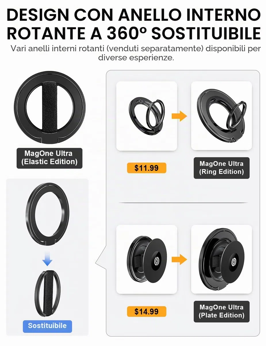 EWA MagOne Ultra Impugnatura per cellulare con cinturino da dito elastico sostituibile, supporto ad anello rimovibile, magnetico su entrambi i lati, per iPhone 15, 14, 13, 12 - Nero