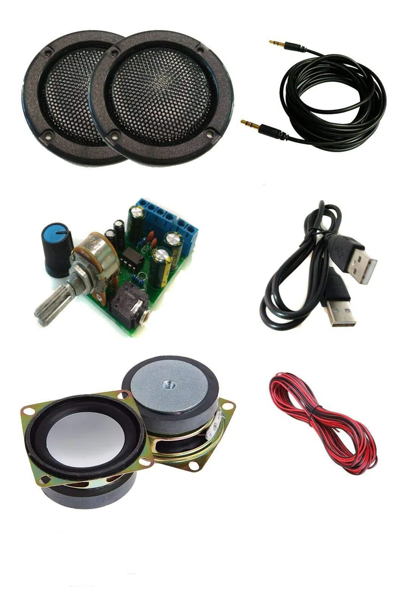 Kit audio fai da te TALENTEC: amplificatore 2.0, 2 altoparlanti da 5W 4Ω 2", 2 griglie nere da 2", cablaggio. Kit audio fai da te