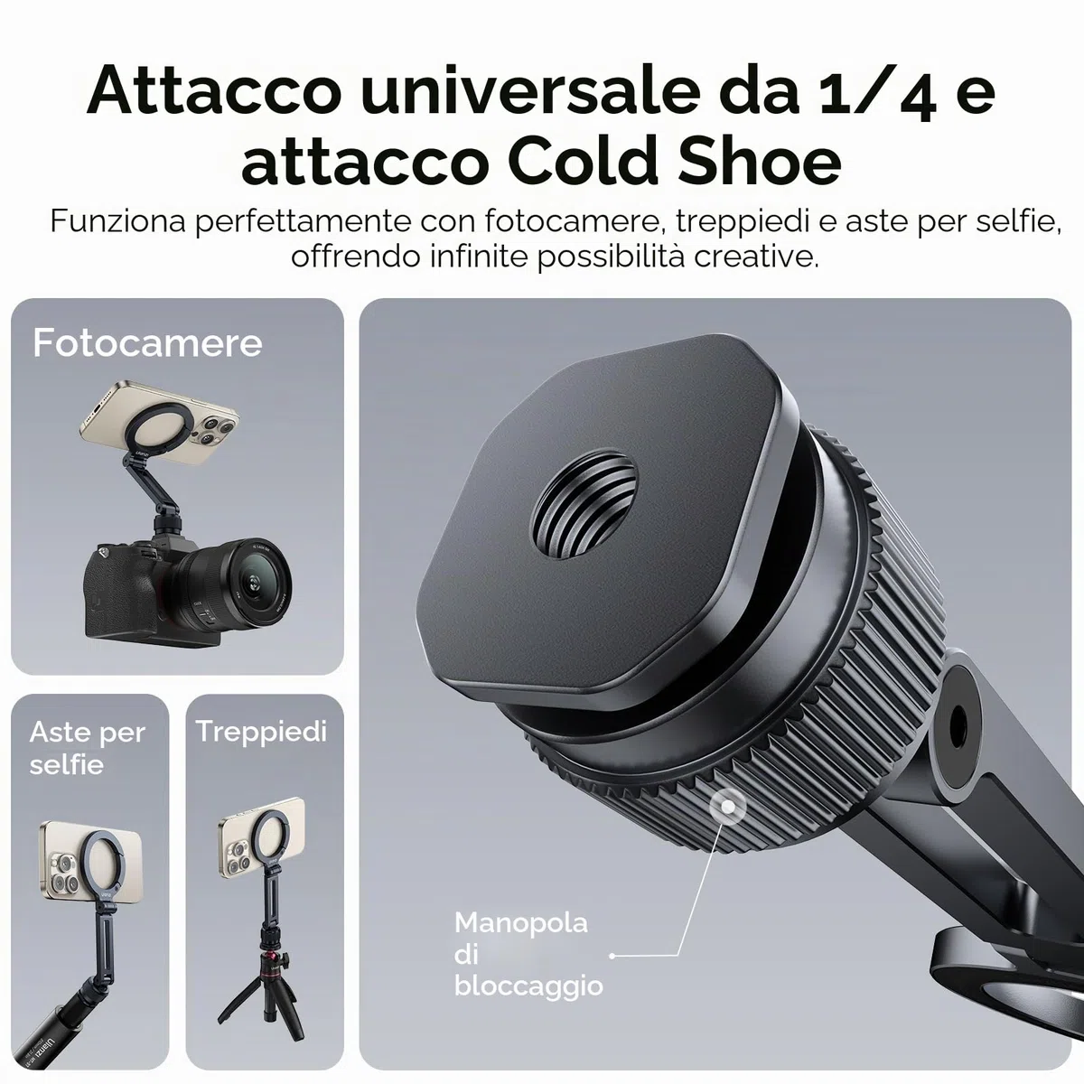 ULANZI MA07 Supporto magnetico per treppiede per telefono, supporto per telefono in alluminio con vite da 1/4", adattatore in metallo con scarpa fredda per fotocamera digitale, compatibile con iPhone