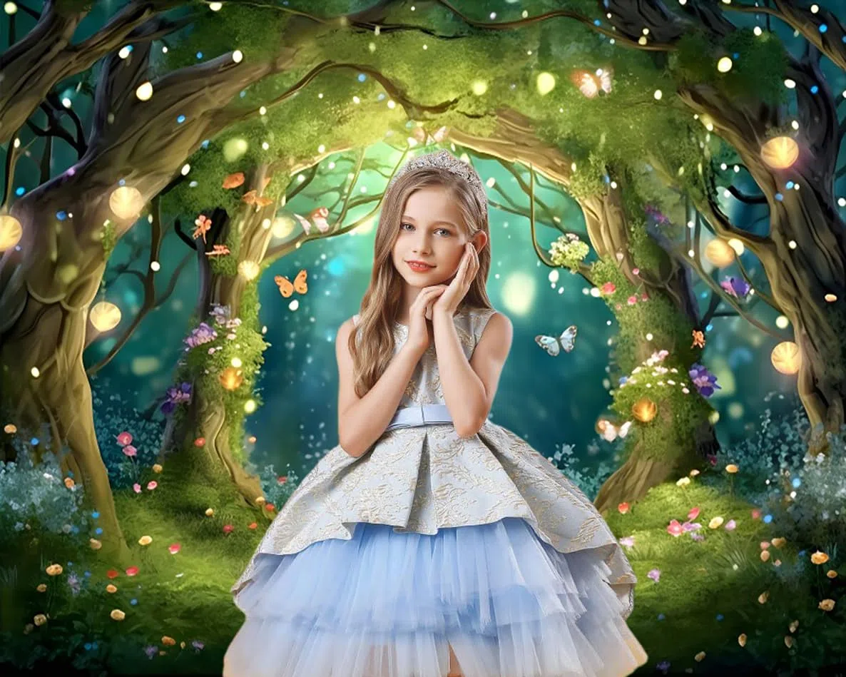 2.7x1.8m Sfondo foresta incantata Fantastico paese delle meraviglie bosco farfalla fiori albero sfondo fotografico principessa festa di compleanno neonato baby shower decorazioni