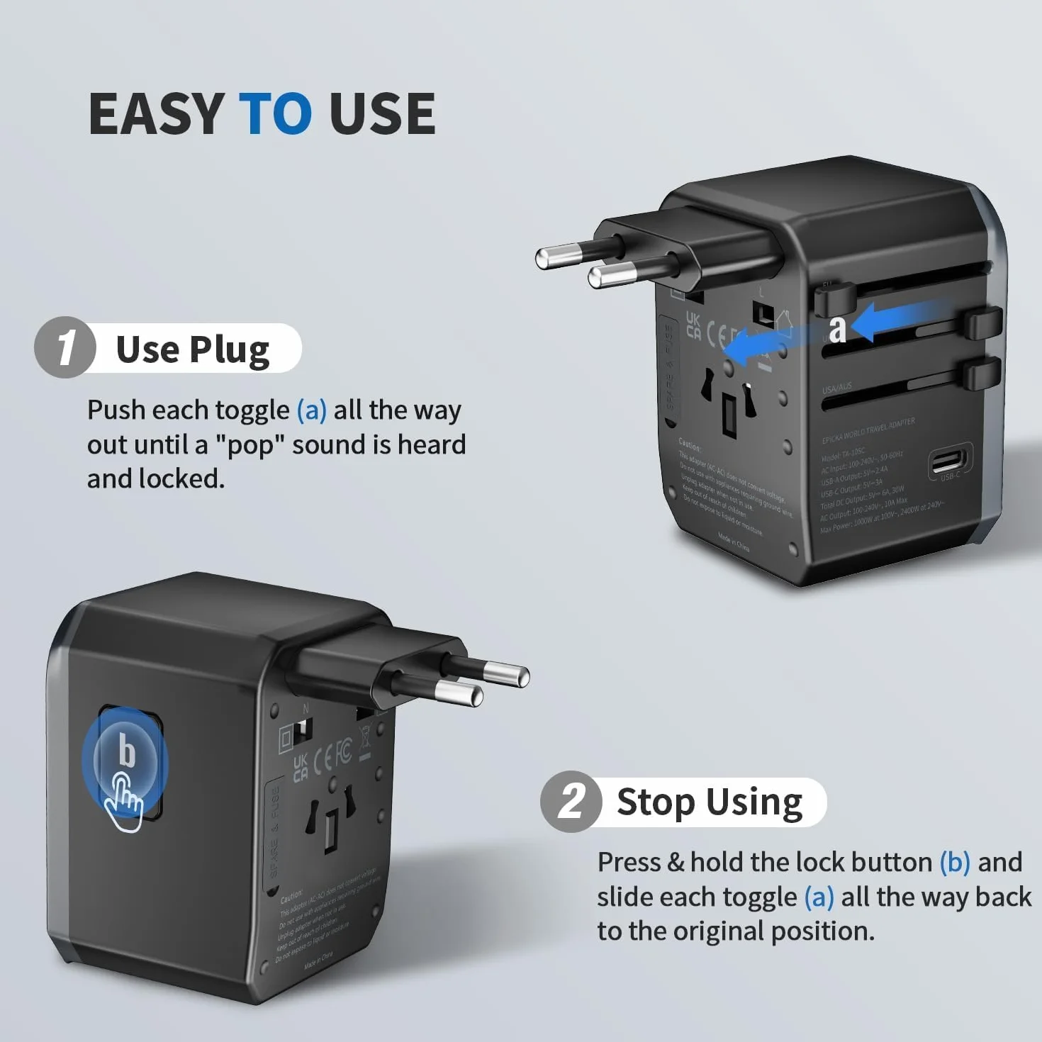EPICKA Adattatore Universale da Viaggio 30W, Adattatore Presa Universale da Viaggio, Adattatore Giappone da Viaggio con 3 USB-C, 2 USB-A, Adattatore Spina per Italia USA UK Australia, Nero