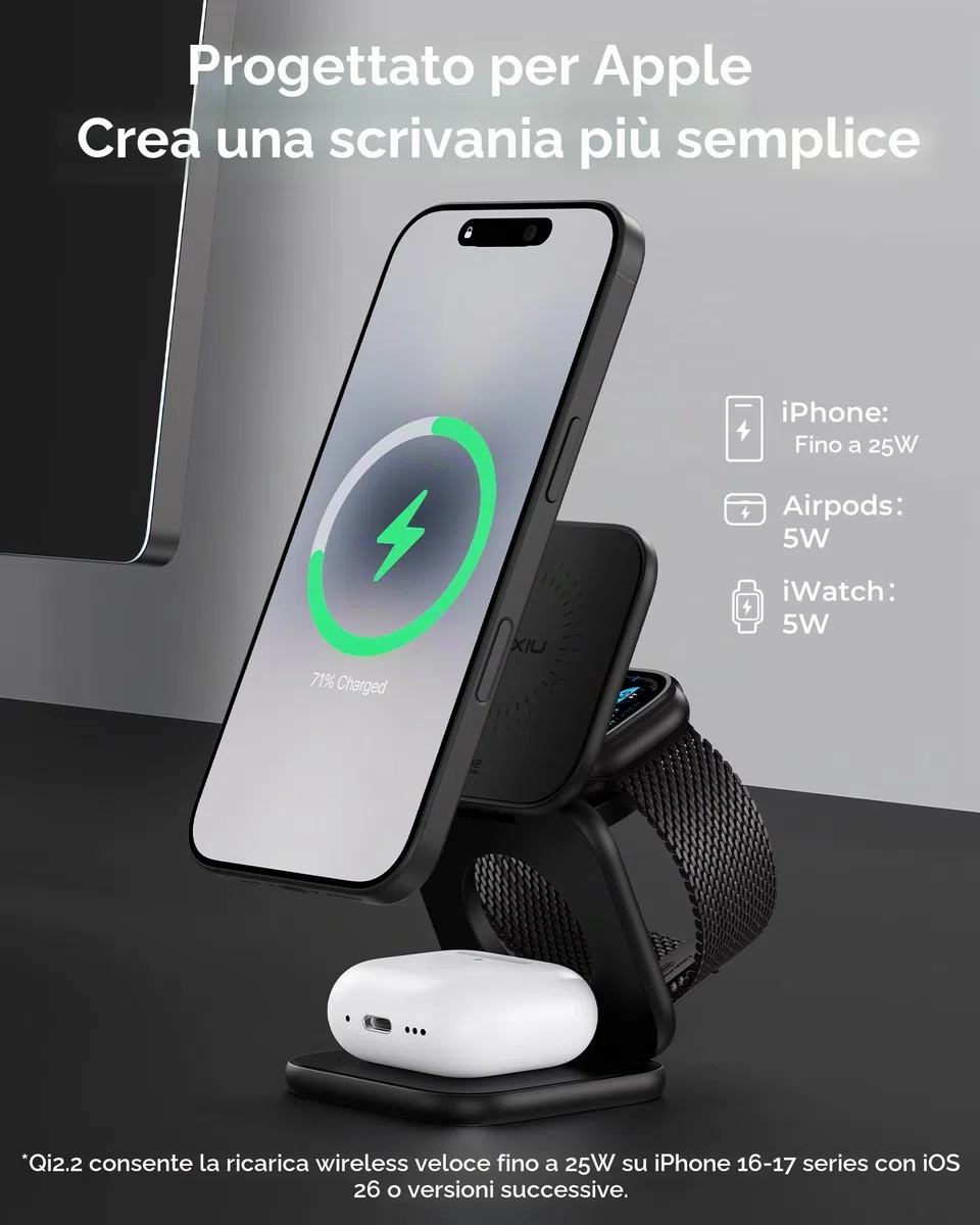 KU XIU X40 Turbo Qi2 25W Stazione di Ricarica, Caricatore Wireless 3 in 1 Pieghevole per iPhone 17/16/15/14/13/12/Air, 5W per iWatch 11–4/SE/Ultra & Auricolari Wireless, Design in Alluminio, Nero