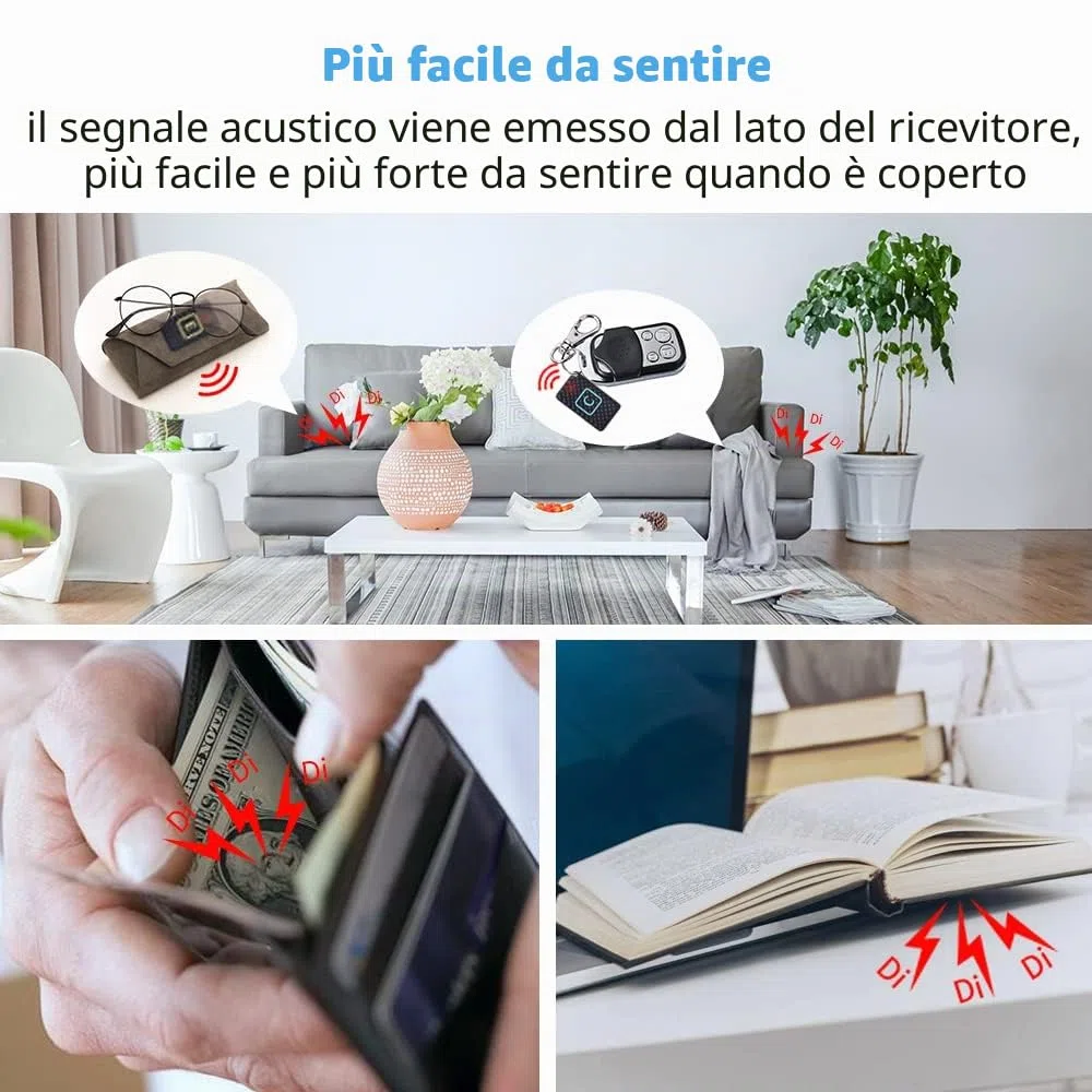 Trova-chiavi, RF Item Locator, con 2 trasmettitori e 6 ricevitori, segnali acustici da 85 dB, trova-chiavi senza fili, supporta il controllo remoto per localizzare animali domestici, borse