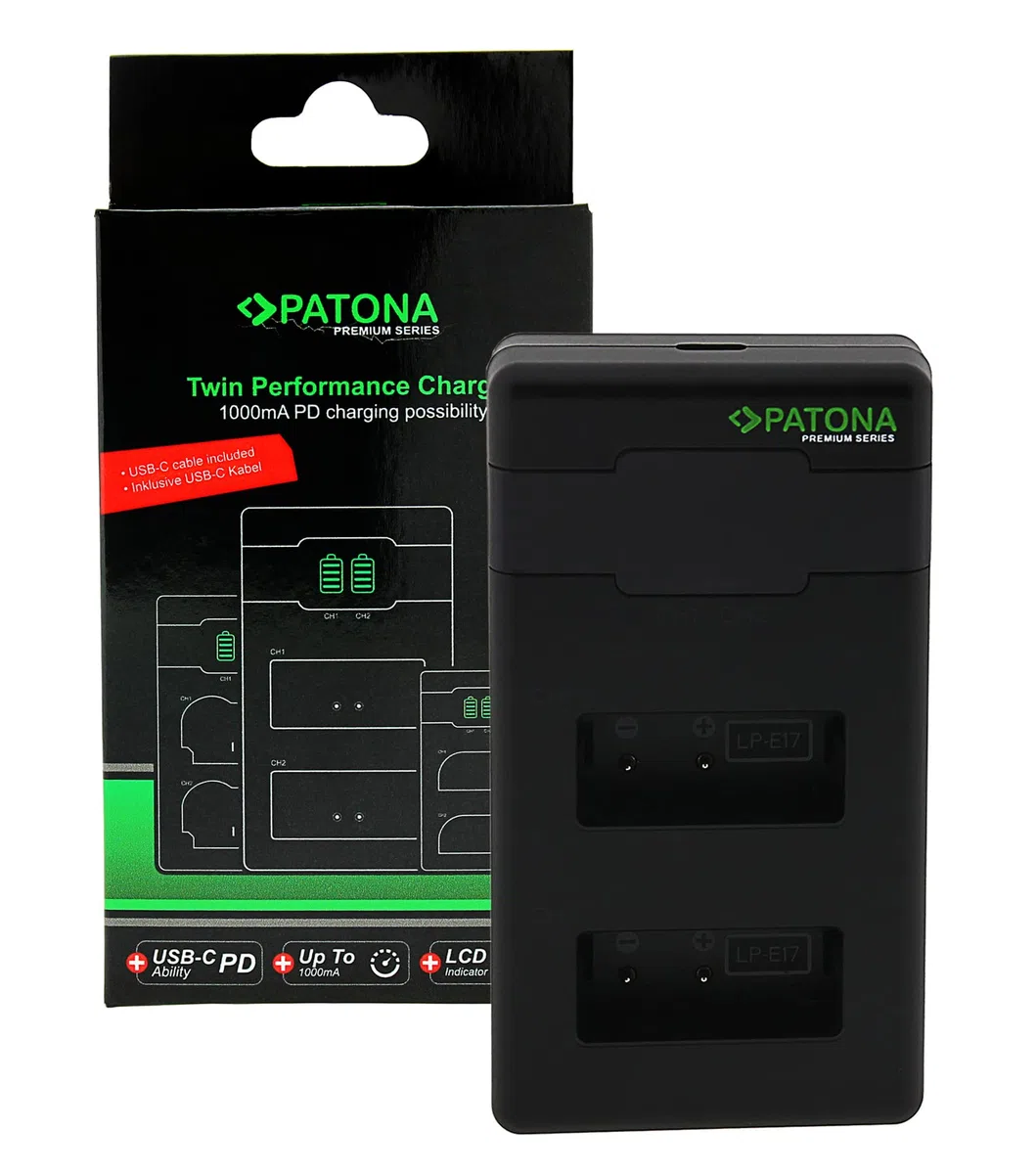 PATONA LP-E17 Premium Caricabatterie PD-Performance (1000mAh), Caricatore Dual LCD USB-C PD/QC capace, ricarica rapida con alimentatore 20W compatibile con Canon EOS RP R8 R10 R50 M3 M5 M6 Rebel SL3