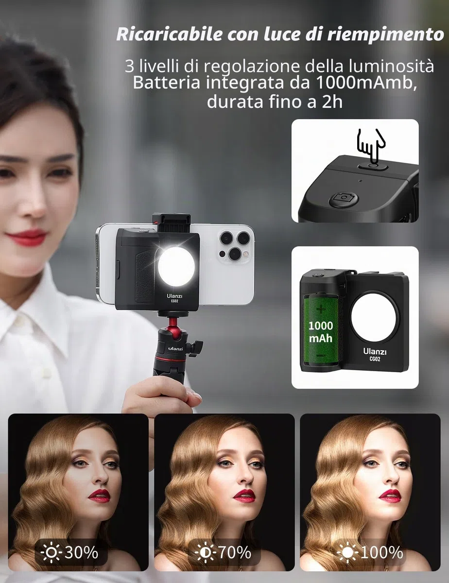 ULANZI CapGrip CG02 Smartphone Grip, Impugnatura per Smartphone con Telecomando Bluetooth, iPhone Camera Grip con Luce Regolabile su 3 Livelli per Catturare Selfie