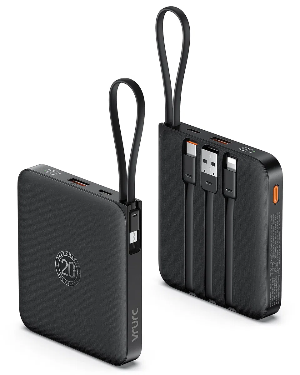 VRURC Power bank 10000mAh con 4 cavi integrati, 22.5W Batteria USB C a Ricarica Rapida, PowerBank per Cellulare Display LED per iPhone 15 14 Samsung Galaxy S23 Google Pixel Tablet Android - Nero