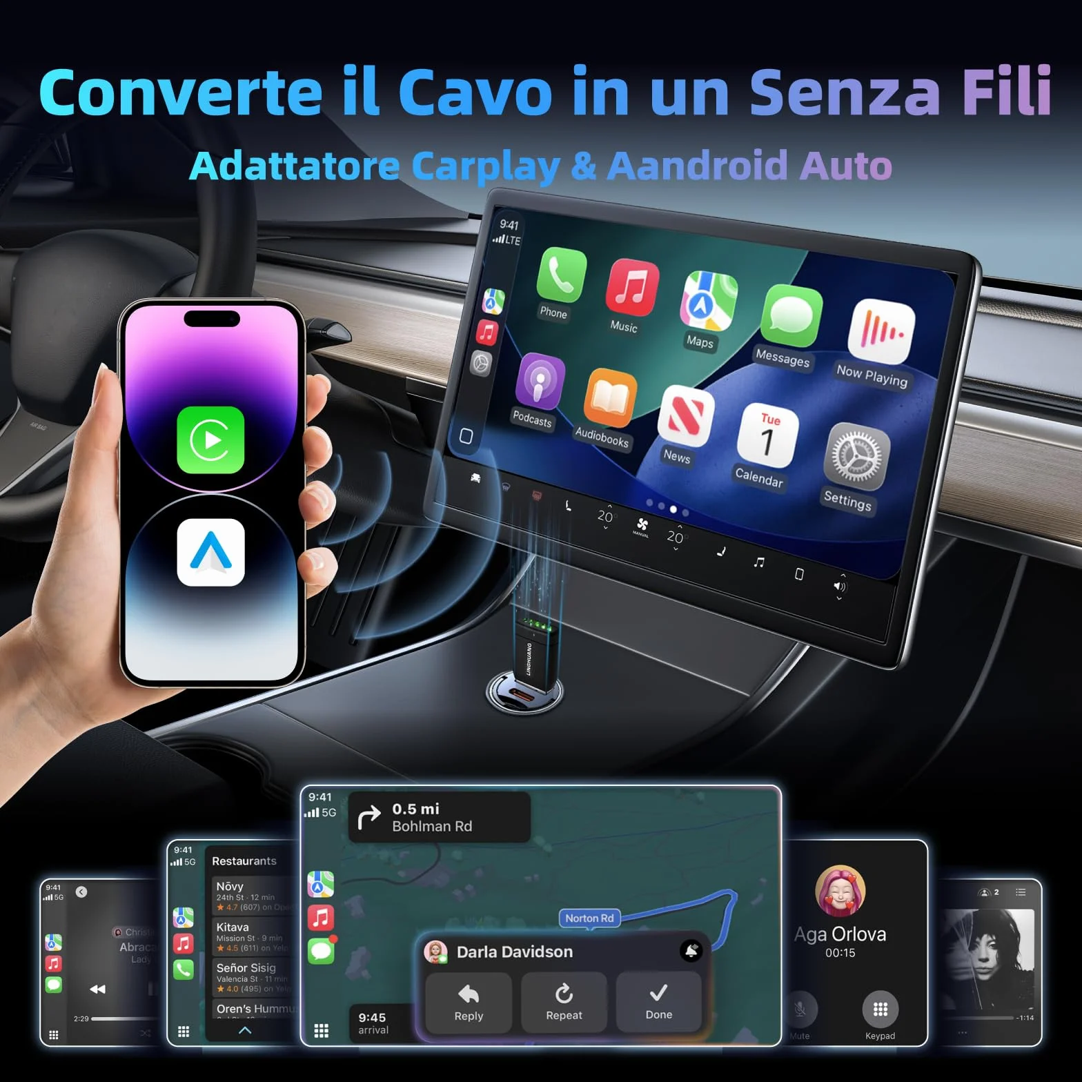 LINGHUANG Adattatore Carplay Wireless & Mini Adattatore Android Auto Wireless, Converte il Cavo in un Senza Fili, Plug & Play, Connessione Veloce e Stabile, Compatibile con iOS 10+ & Android 11+