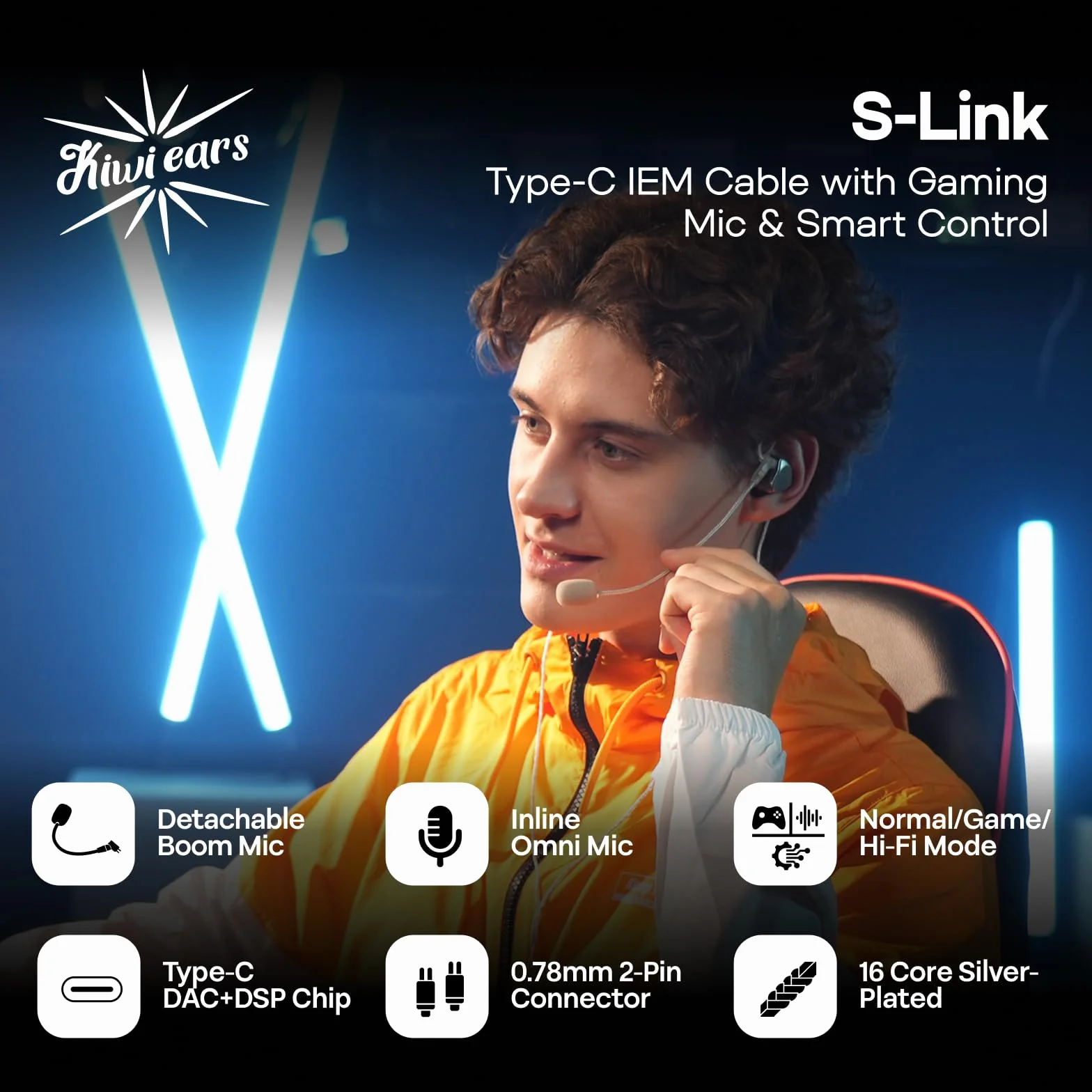 Linsoul Kiwi Ears S-Link Cavo IEM Type-C, Gaming DAC+DSP, Doppio Microfono (Lancia+Integrato), Controllo Intelligente 3 Modalità, Cavo Placcato 2-Pin 1,2m per Giocatori Mobili (Argento, Type-C)