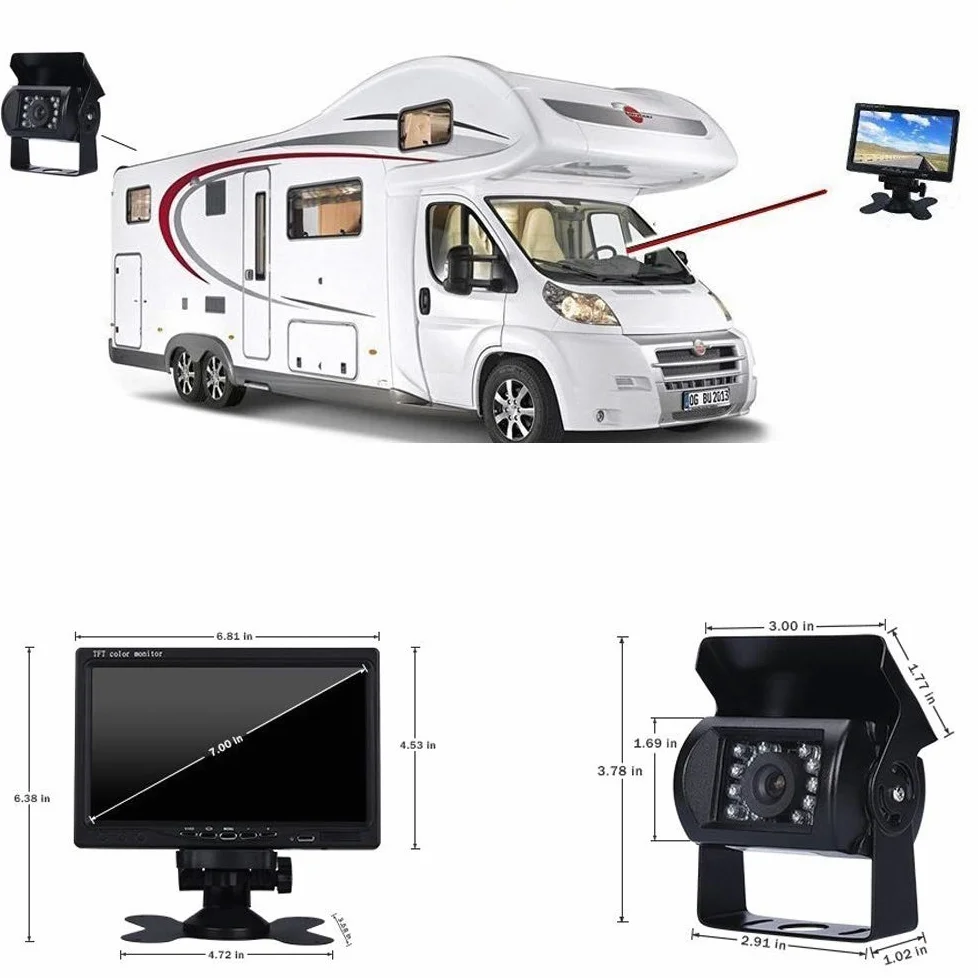 Monitor a 4 pin, a infrarossi per visione notturna, impermeabile, backup per telecamera posteriore, 15 m di cavo, schermo LCD TFT lungo 17,8 cm, a colori, HD. Ideale per automobili, camper, autobus