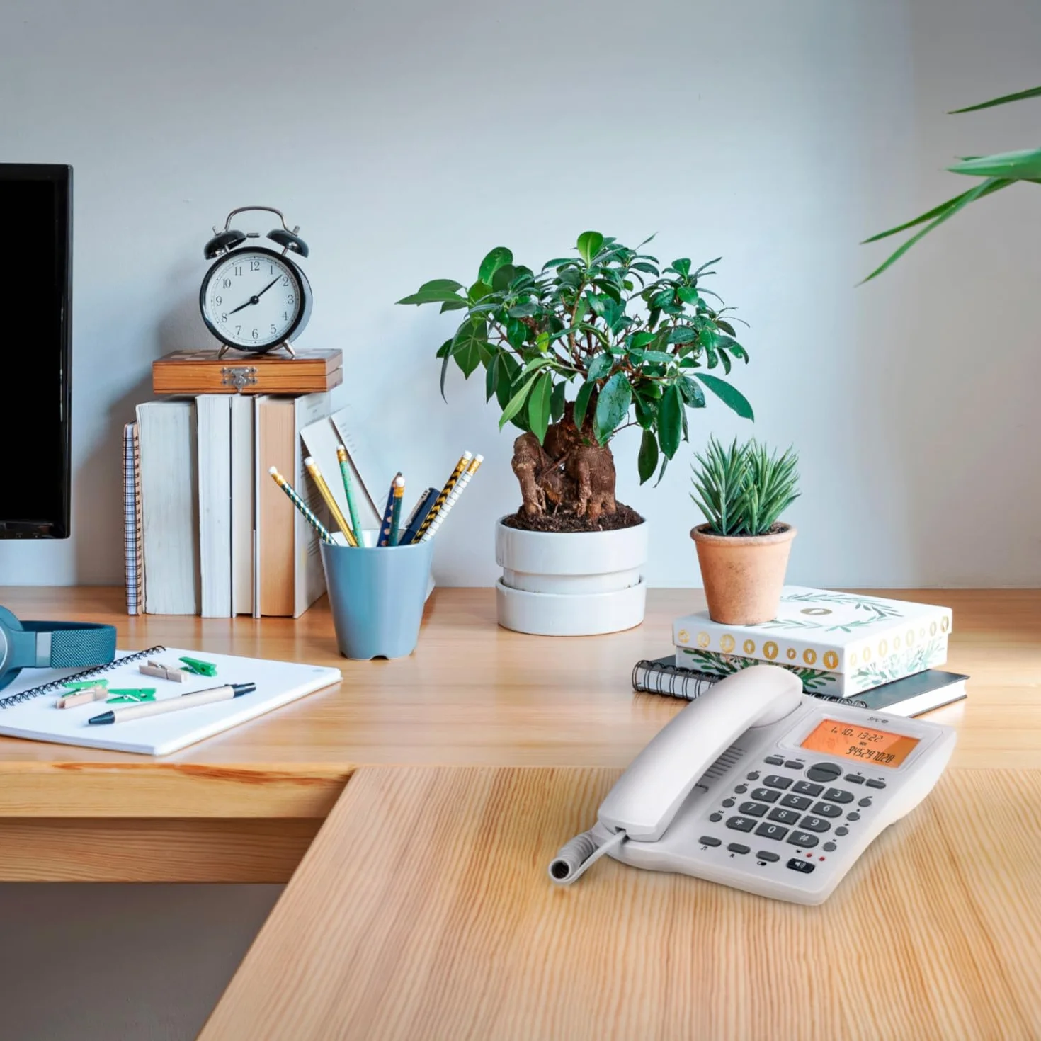 SPC Office ID 2 - Telefono fisso con display illuminato, 4 memorie dirette e 10 indirette, 2 livelli di suoneria, ID chiamante, segnale luminoso, vivavoce, da tavolo o a parete - Bianco