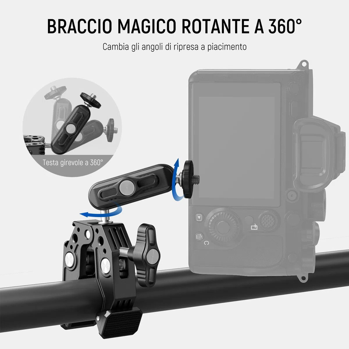NEEWER Super Clamp con 3" Magic Arm a Doppia Testa Sferica, Cold Shoe, Filetto 1/4", Adattatore Telefono/Action Camera per Treppiede Tavolo Barra Aste Gimbal, Compatibili con SmallRig GoPro DJI, ST83