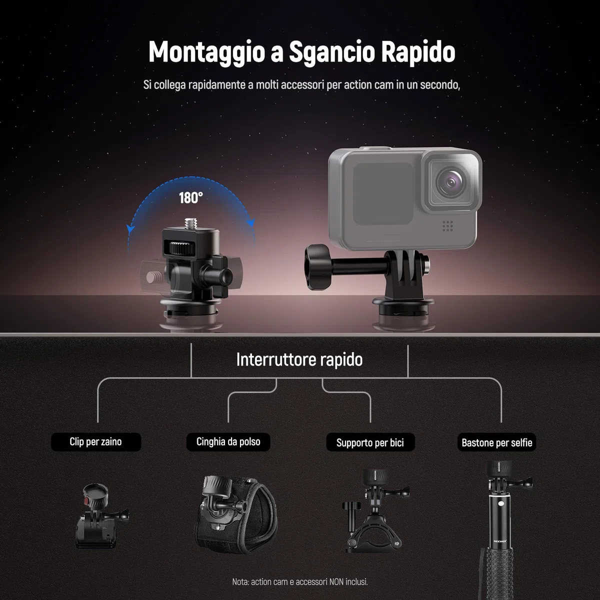 NEEWER GP-24 Kit Accessori di Supporto Action Camera per Riprese POV, Attacco Magnetico a Sgancio Rapido 4in1 in ABS con Filettatura 1/4" e Panno Pulizia Compatibile con GoPro DJI Osmo Action Insta360