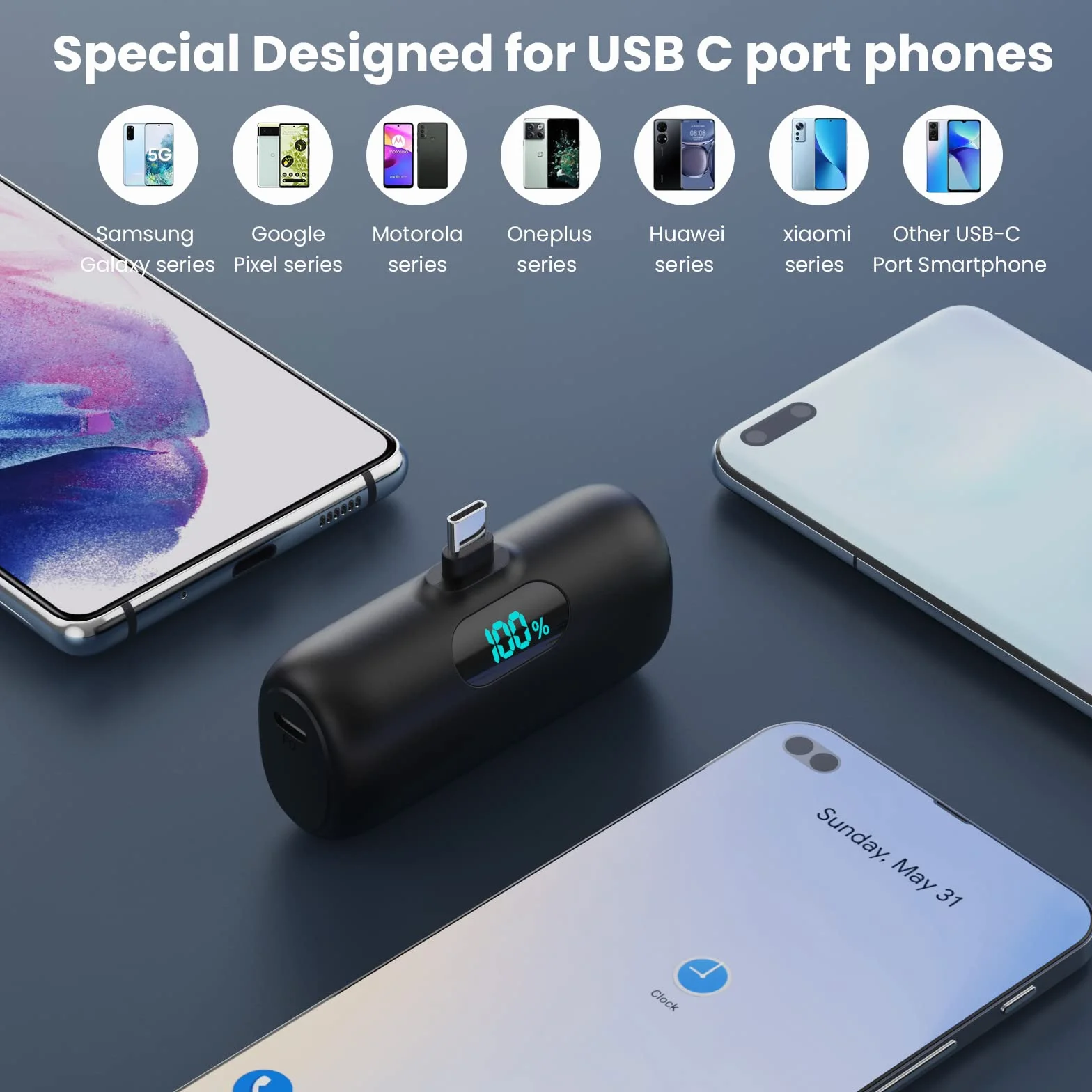 Feob Mini Power Bank USB C 5000mAh, 15W PD 3.0A Carica Rapida Caricabatterie Portatile Compatta e Carino Powerbank Batteria Esterna con LED Display per iPhone 16/15 Pro Samsung e altri Telefoni USB C