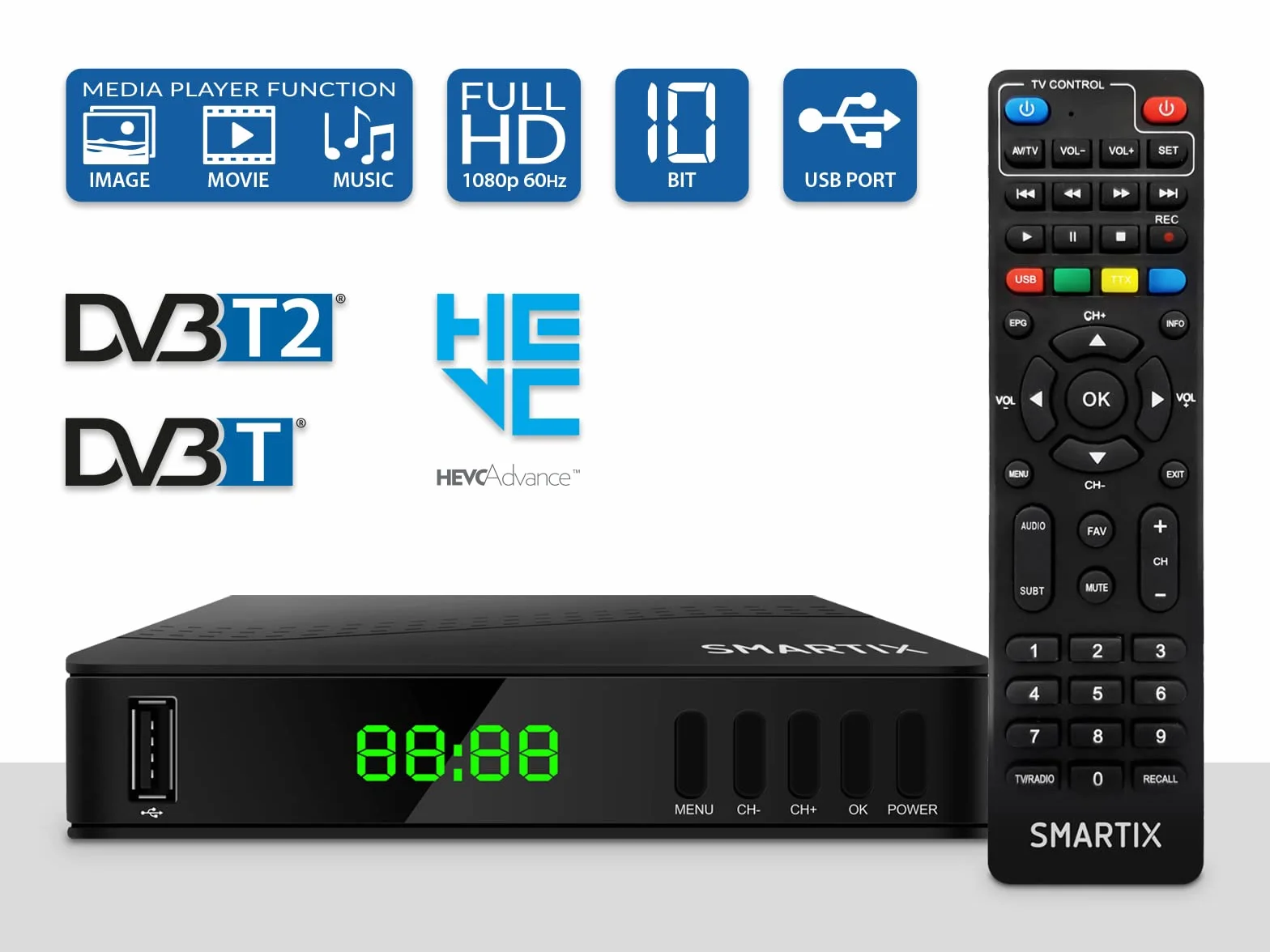 Atlantis SMARTIX DH17 Decoder Digitale Terrestre DVB T2 HEVC H.265 mpeg2/mpeg4 H264 Media Player Porta USB. HDMI e SCART Telecomando Learning, Main 10, Nero