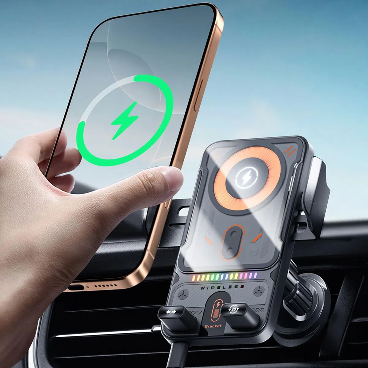 Caricabatteria per auto senza fili | Supporto per auto a ricarica rapida da 15 W - Supporto automatico a clip per auto, per controllo musicale streaming video uso quotidiano lunghe gite in famiglia