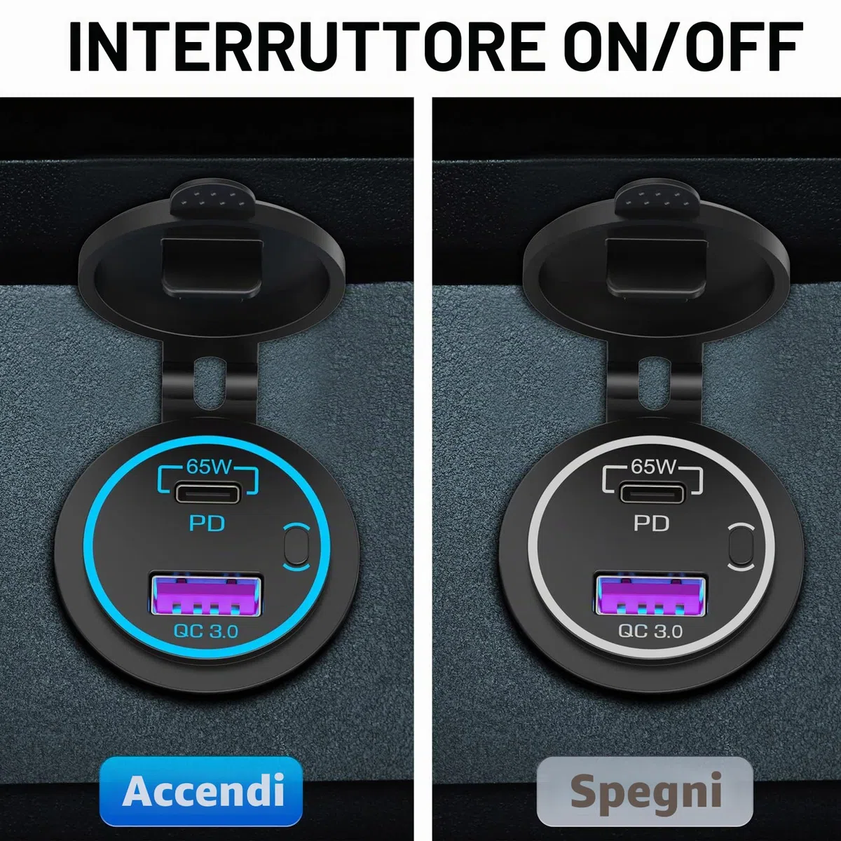 PD 65W USB C Presa 12 Volt: Qidoe Tipo C e QC3.0 Caricabatterie Prese USB per Auto con Interruttore Caricatore Veloce per iPhone iPad Telefoni Android, Adatto per 12V 24V Auto Barca Camion Camper