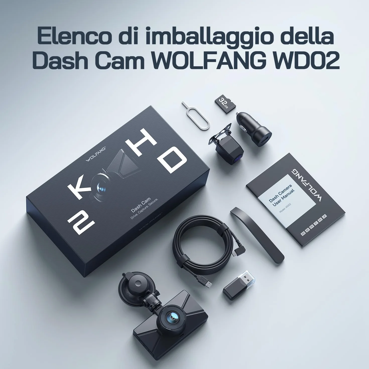 WOLFANG 2.5K Doppia Dashcam, Dash Cam Auto IPS 3" con Grandangolo di 310°, 1440P+1080P FHD Telecamera, Visione Notturna,G-Sensor, WDR, Monitor di Parcheggio, Registrazione in Loop