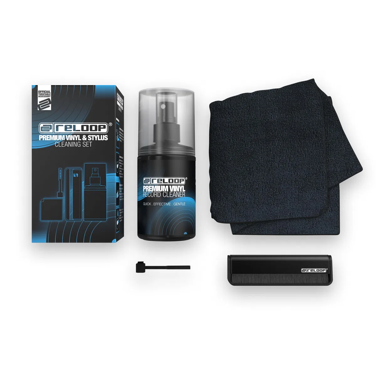 Reloop Premium Vinyl & Stylus Cleaning Set - per Pulizia Vinili, CD e Puntine, Kit 4-in-1 con Spray 200ml, Spazzola in Carbonio, Pennello per Testina