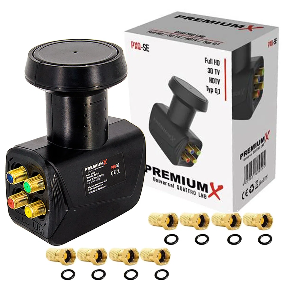 PremiumX Quattro LNB per Multiswitch - Convertitore di segnale TV Multiswitch con protezione dalle intemperie - LNB satellitare digitale in nero con inclusi 8 connettori F - DVB-S2 8K UHD 4K Full HD
