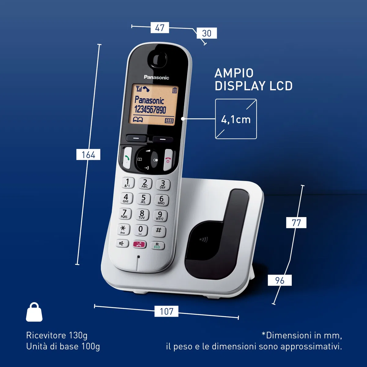 Panasonic KX-TGC250JTS Telefono Cordless Digitale, Unità Base e Ricevitore Singolo, ID Chiamante, Blocco Chiamate Indesiderate, Vivavoce, Modalità Eco One Touch, Sveglia Evoluta, Display LCD, Argento