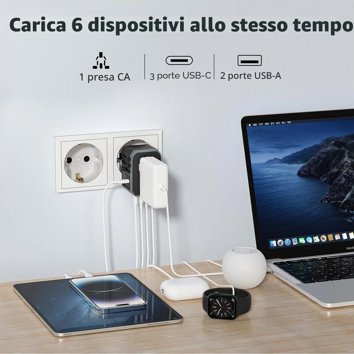 EPICKA Adattatore Universale da Viaggio 30W, Adattatore Presa Universale da Viaggio, Adattatore Giappone da Viaggio con 3 USB-C, 2 USB-A, Adattatore Spina per Italia USA UK Australia, Nero