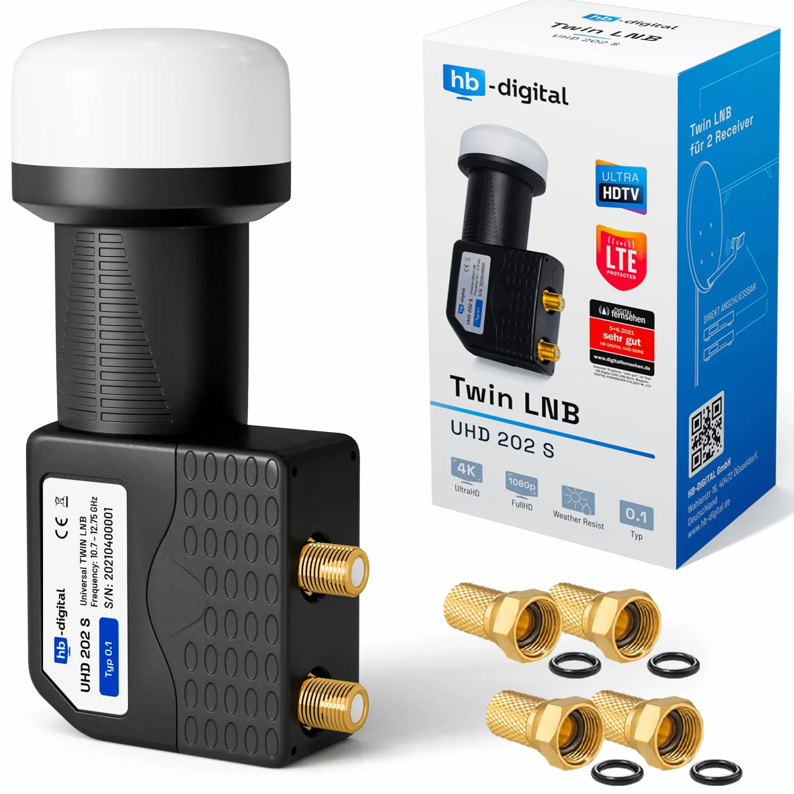 hb-digital Twin LNB - Test MOLTO BUONO* - per 2 utenti, filtro LTE, 2 uscite, Full HD 4K, 0,1 dB, con protezione dalle intemperie + 4 connettori F per TV, parabola satellitare - Nero