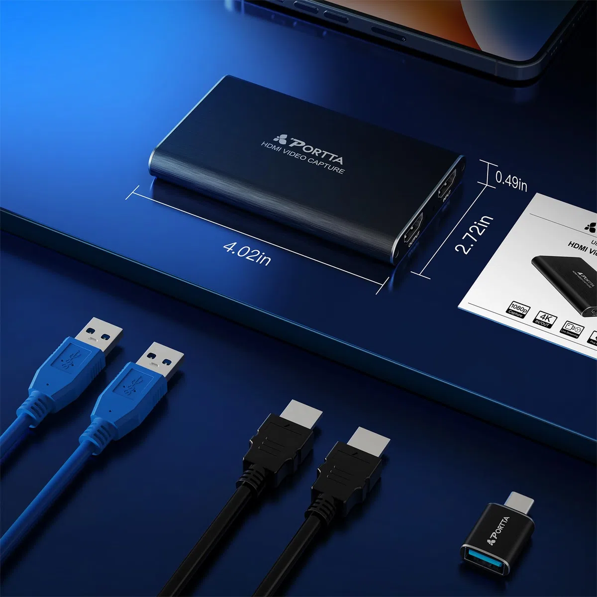 PORTTA Scheda di acquisizione video HDMI, streaming e registrazione in 1080P60 con latenza ultra bassa, ingresso/uscita loop HDMI 4K, USB 3.0 per PC compatibile con videocamera/PS4/PS5/OBS