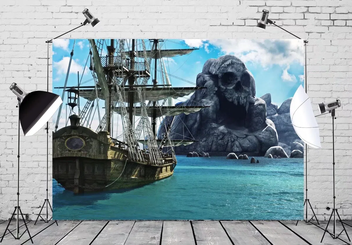 BELECO 2.1x1.5m Tessuto Teschio Pirata Sfondo Isola Nave Pirata Crociera Mar dei Caraibi Oceano Mostro Roccia - Tema Compleanno Bambini Ragazzi Puntelli Foto