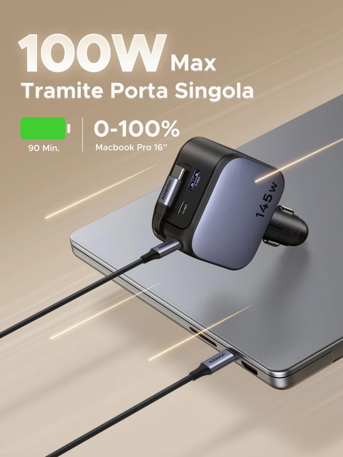 UGREEN 145W Retrattile Caricatore Auto, Caricabatteria Accendisigari USB C Ricarica Rapida 4 Porta, Compatibile con iPhone 17 Pro Max Air/iPhone 16/15/14, Galaxy S25/24, Pixel10/9, MacBook, iPad