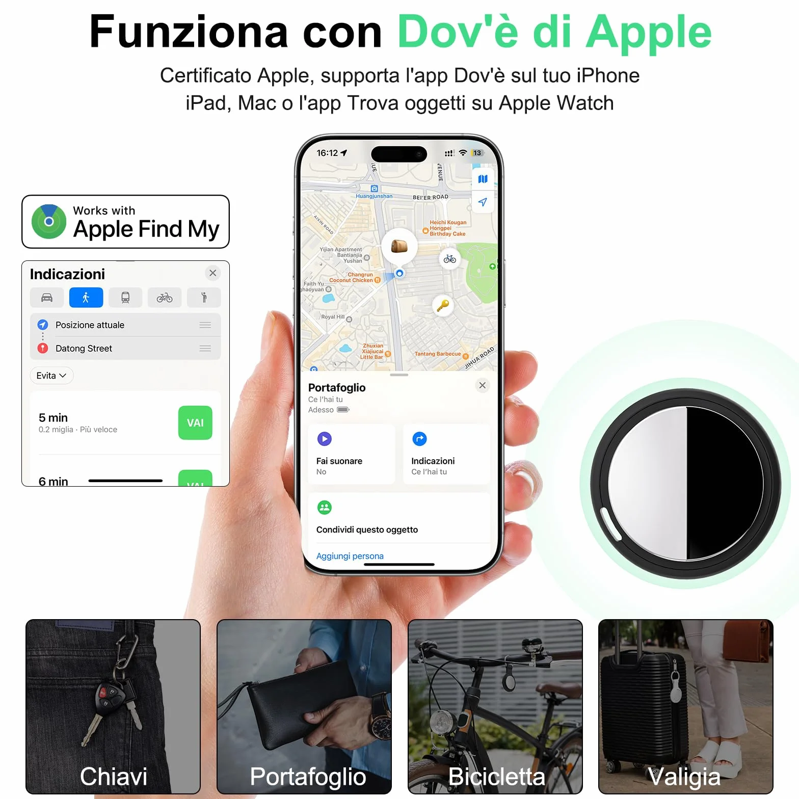 Localizzatore Smart Air Tracker Tag Compatibile Apple Dov'è (solo iOS) Batteria di Ricambio Inclusam, Adatto per Chiavi, Portafoglio, Auto, Bici, Cane, Gatto (Nero, Confezione da 4)
