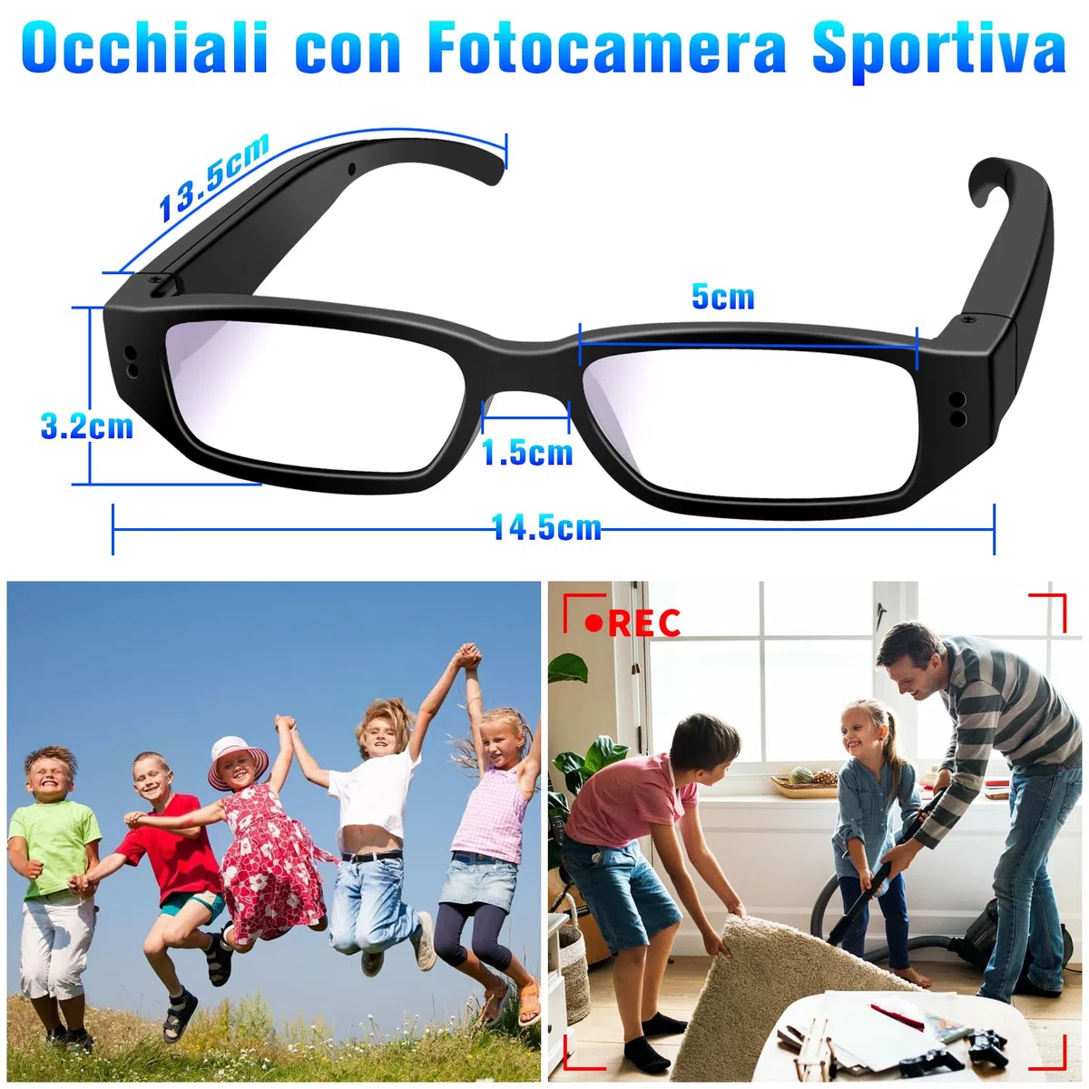 Telecamera Nascosta 16GB, Occhiali con Telecamera Spia HD 1080P, Occhiali con Mini Telecamera Spia Nascosta, Videocamera Sportiva per Registrazioni in Bicicletta e Attività all'aperto