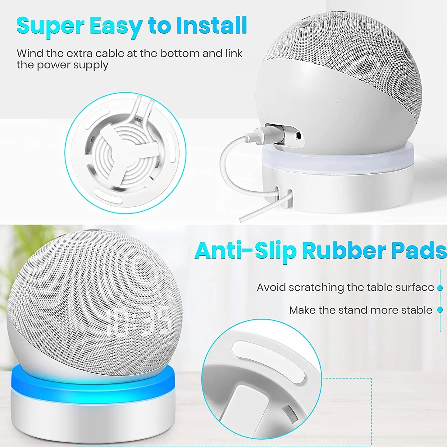 Holder For Amazon Echo Dot 4 / Echo Dot 5 (Not include echo dot),with Luminescent Desktop Stand Accessories with Integrated Cable Management, No Screws Required, Speaker Rack (White) WL808