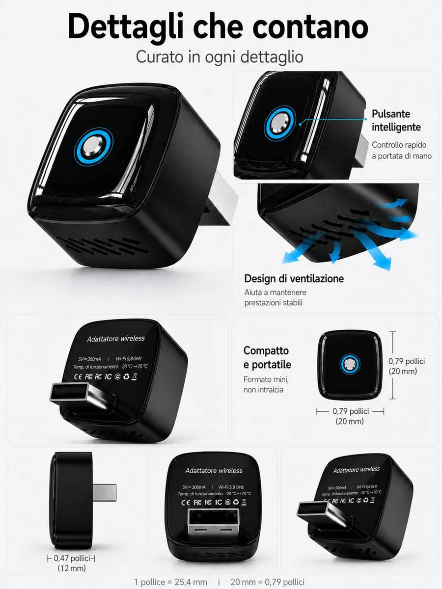 Adattatore Wireless CarPlay e Android Auto 2 in 1, Dongle Nero Ultra Mini con Pulsante Interruttore per 2 Dispositivi, WiFi 5,8 GHz, Plug & Play, USB-A/USB-C, OTA per Auto con CarPlay/Android Auto