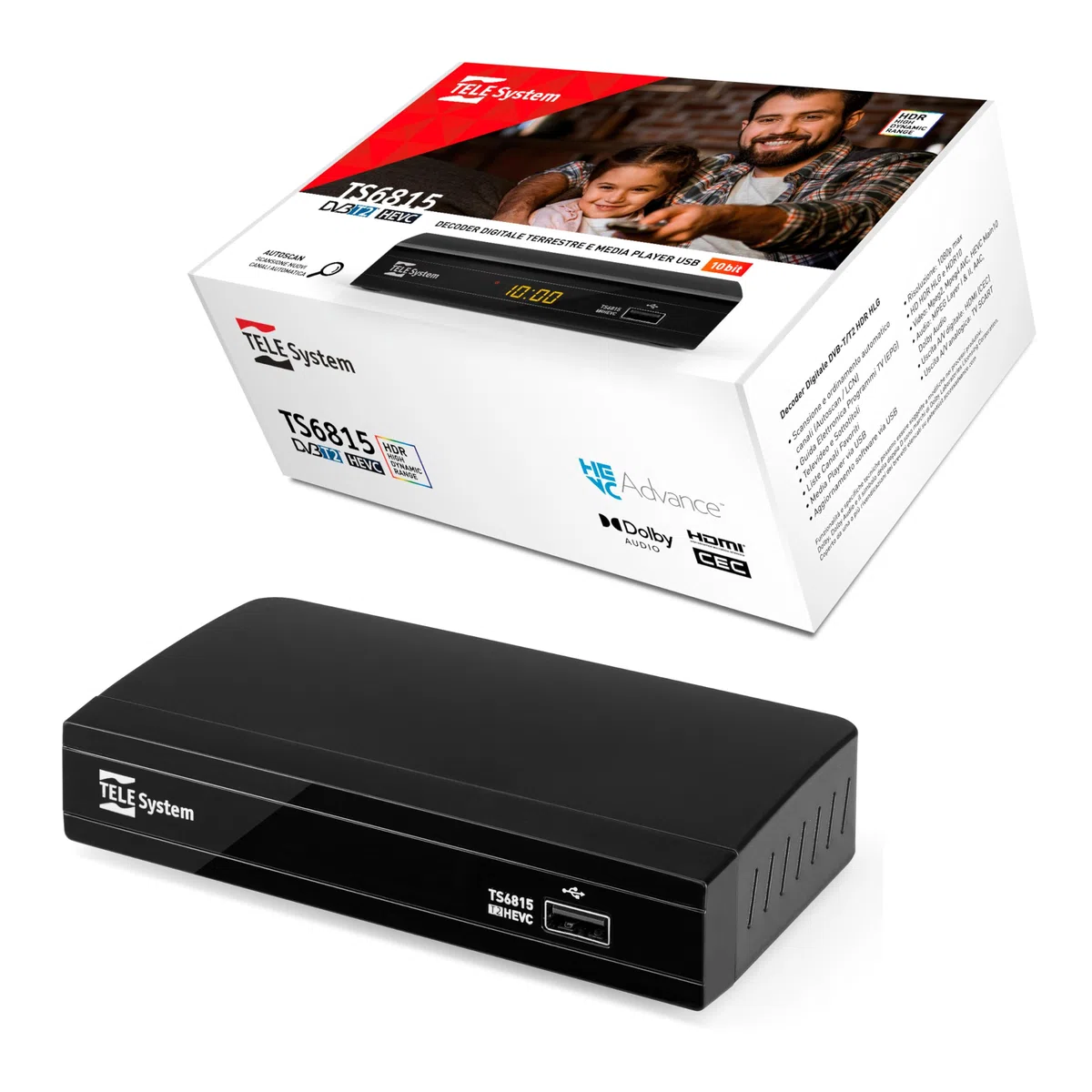 Tele System Decoder Digitale Terrestre TS6815/02 DVB-T2 HEVC 10 bit – Tecnologia HD HDR HLG - AUTOSCAN e LCN per ordine logico dei canali- EPG aggiornata - Lettore multimediale - Telecomando incluso