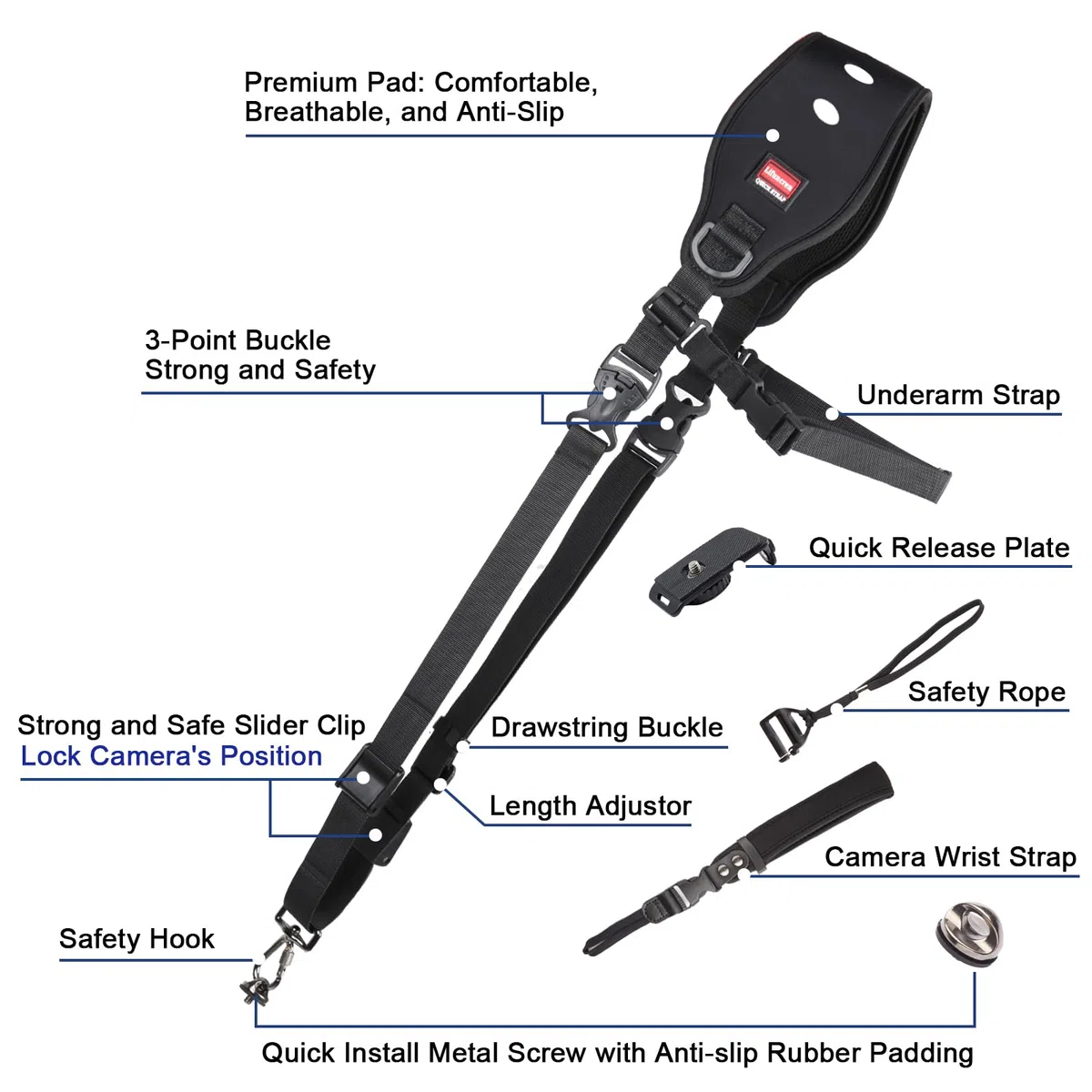 Tracolla Macchina Fotografica, Set di Tracolla Fotocamera e Cinghia da Polso, Cinghia per Fotocamera con Cordino di Sicurezza, Tracolla Reflex Sgancio Rapido Regolabile per DSLR SLR