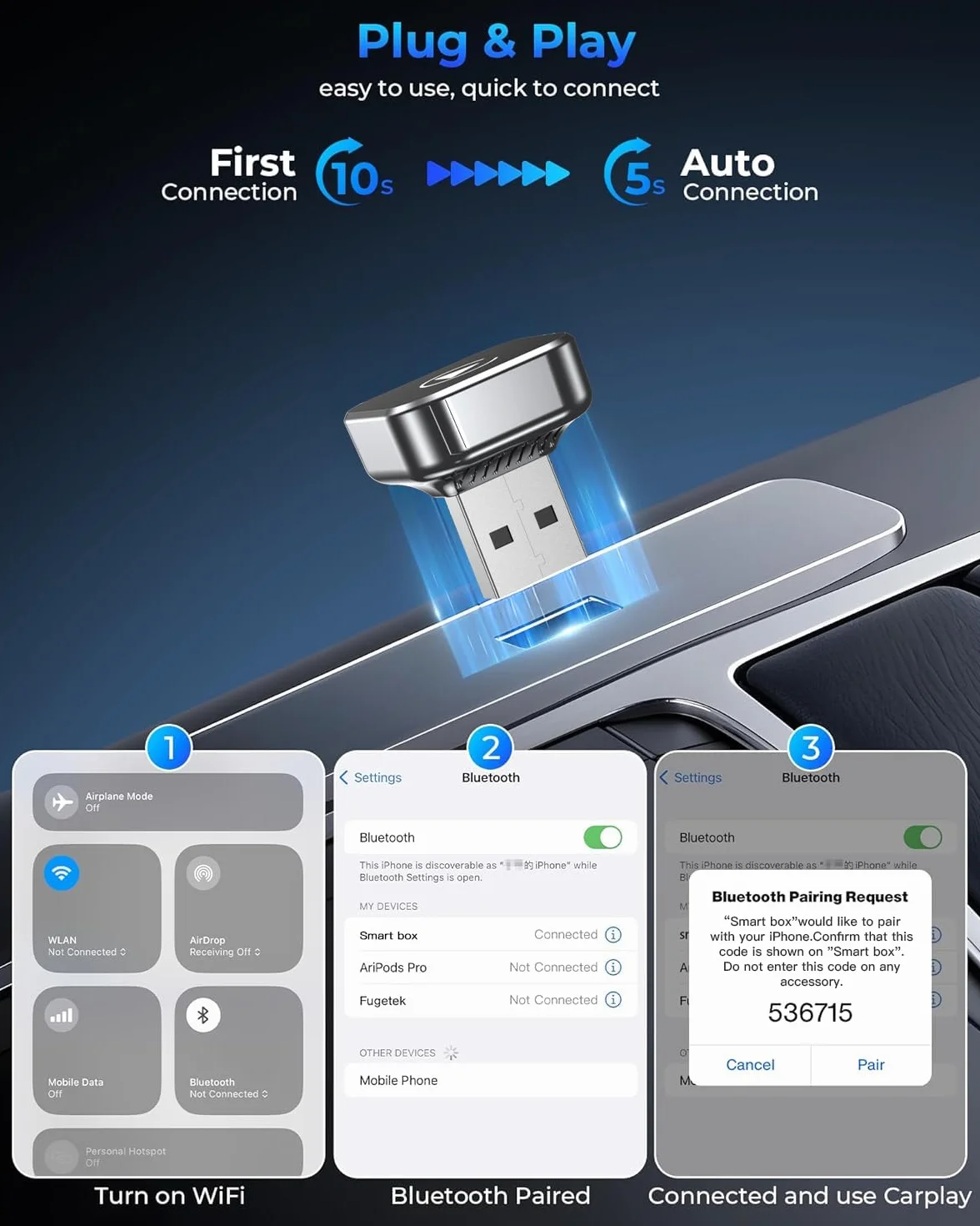 Adattatore CarPlay wireless con cavo CarPlay (USB a C), adattatore Mini CarPlay in metallo per iPhone con iOS 10+ e Android 11+, nessun ritardo (nero)