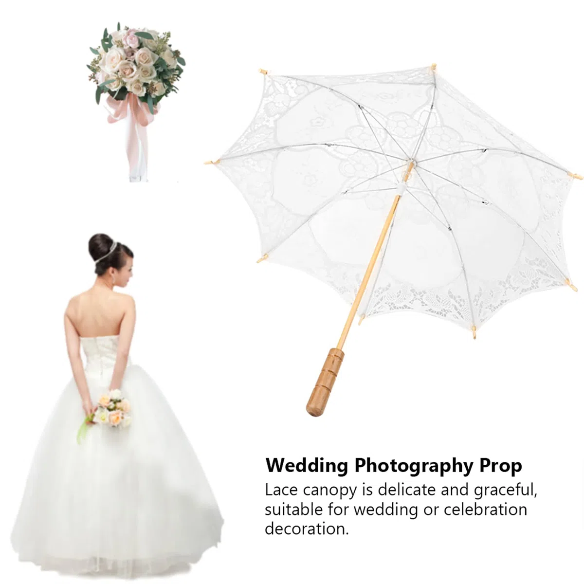 AYNEFY Ombrello da sposa, ombrello da sposa, in cotone, per matrimoni, balli, fotografie, oggetti di scena