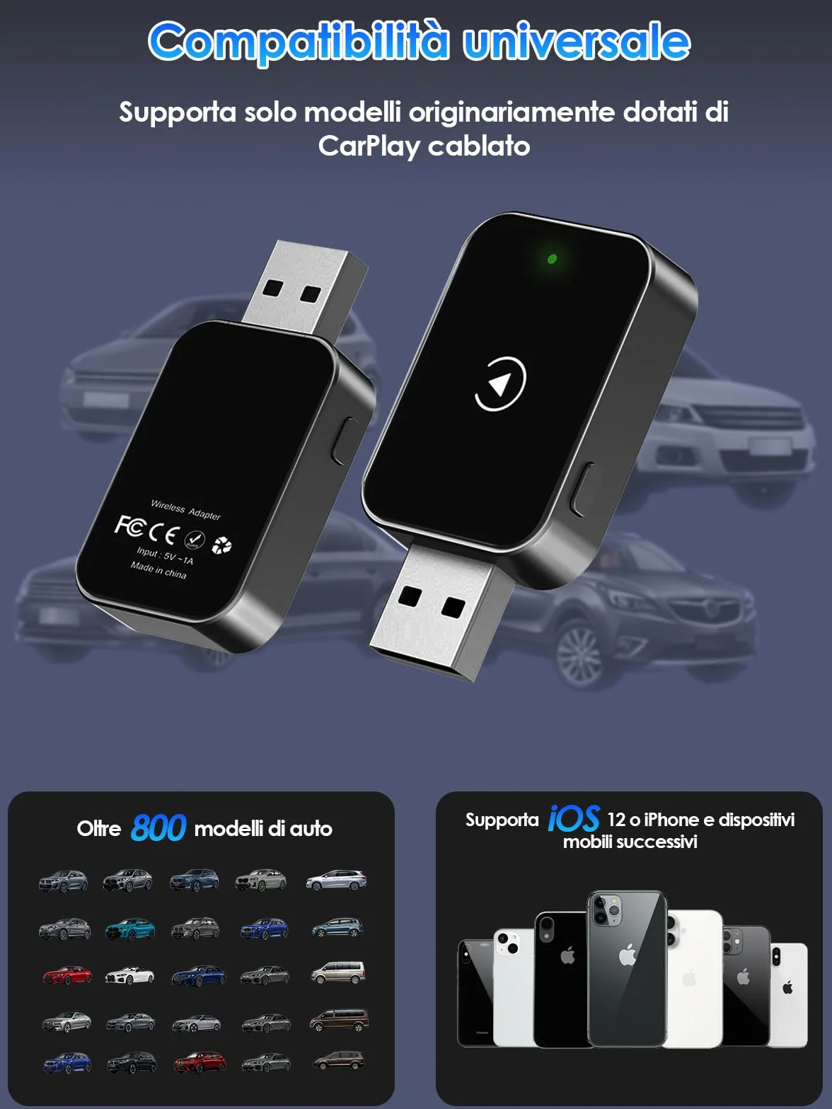 Adattatore Wireless CarPlay 2026 USB/Type-C Connessione Veloce Stabile iOS 12+