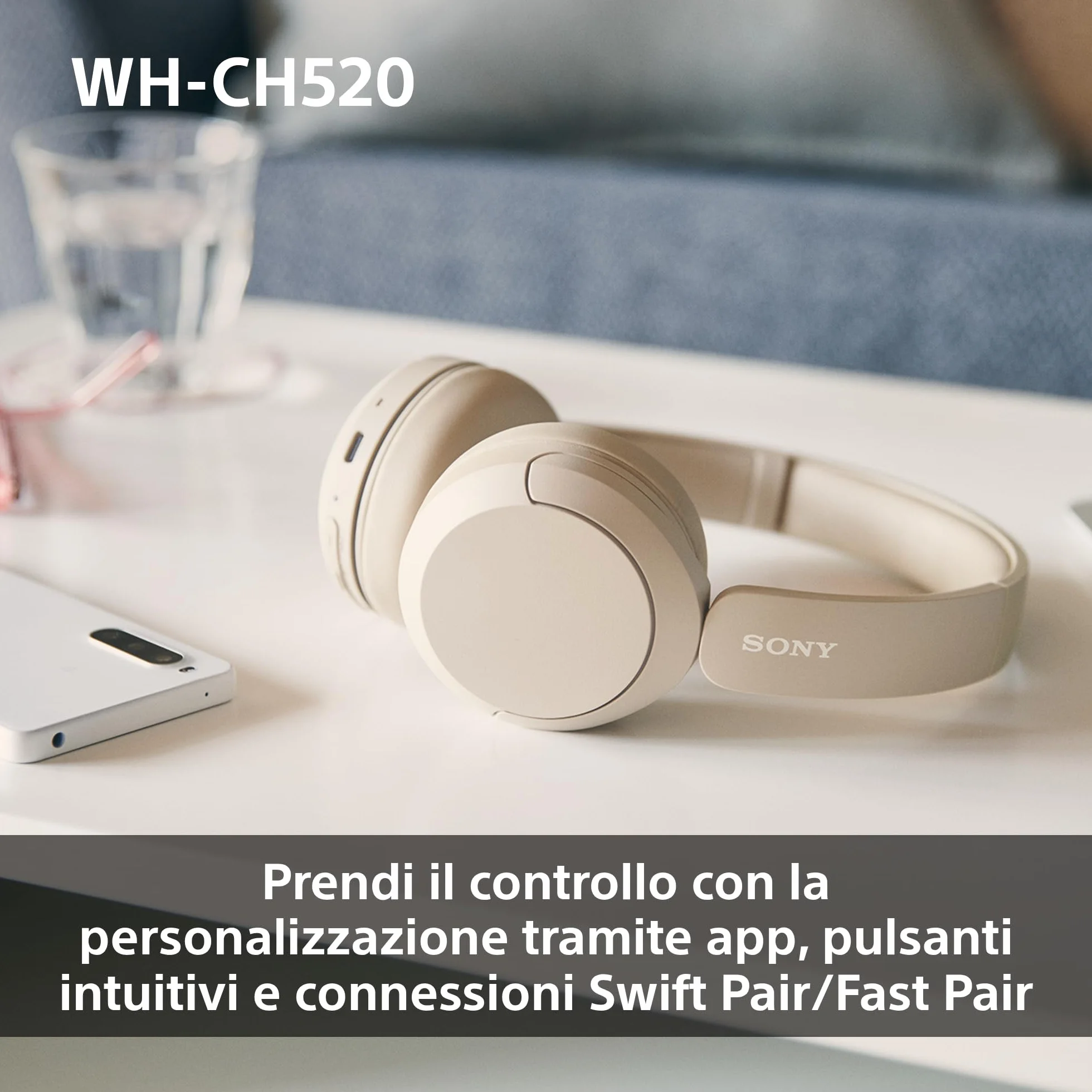 Sony WH-CH520 | Cuffie Wireless, Connessione Multipoint, con Microfono, Fino a 50 ore di durata della batteria con Ricarica rapida - Nero