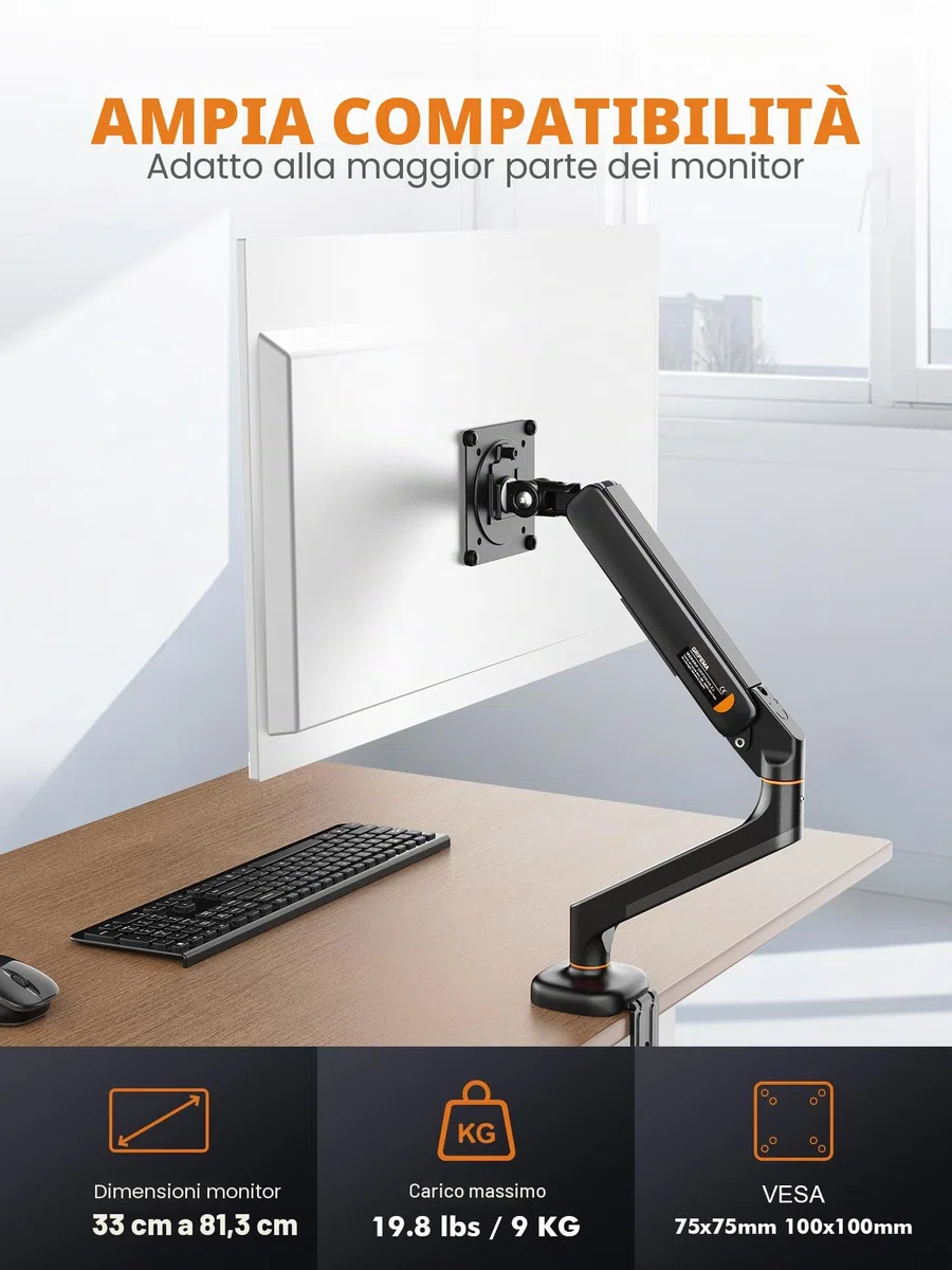 Ibergrif Supporto Monitor da Scrivania per Schermi da 13-32", Braccio di Monitor Regolabile in Altezza con Molla a Gas, Inclinazione, Girevole, Rotazione, Gestione dei Cavi, VESA 75/100 mm -Nero