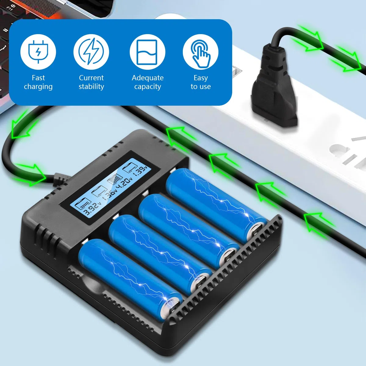 Caricabatterie pile Ricaricabili LCD litio con 4 Slot Indipendente Caricatore Compatibile con 3.7V 26500/18650/14500/16340/26700