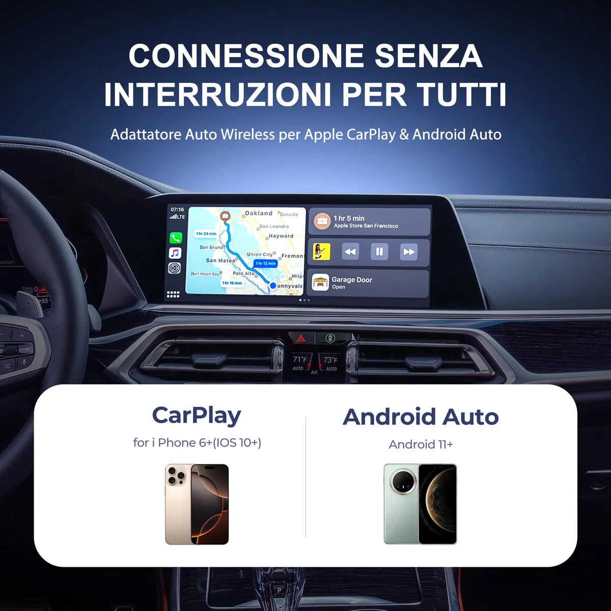 Adattatore Senza Fili CarPlay/Android Auto 2 in 1 - Collegamento Senza Cavi per Auto i OS 10+ Android 11+ - Plug&Play con USB-C Incluso