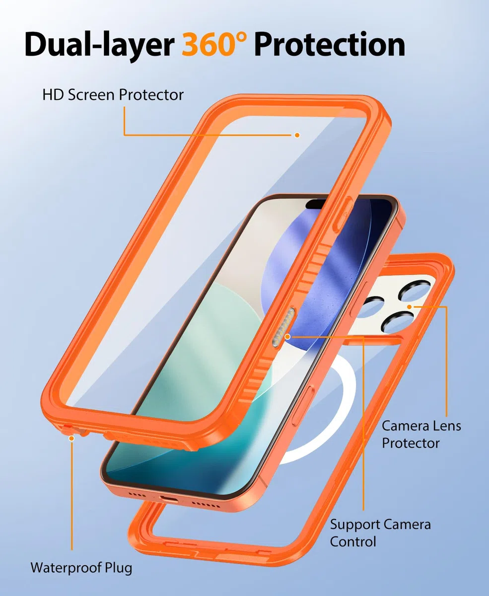 Beeasy Cover per iPhone 17 Pro Impermeabile IP68 con MagSafe, 360 Militare Antiurto Indistruttibile Resistente Doppia Protezione Custodia, Antipolvere Subacquea Waterproof Case, 6.3", Arancione