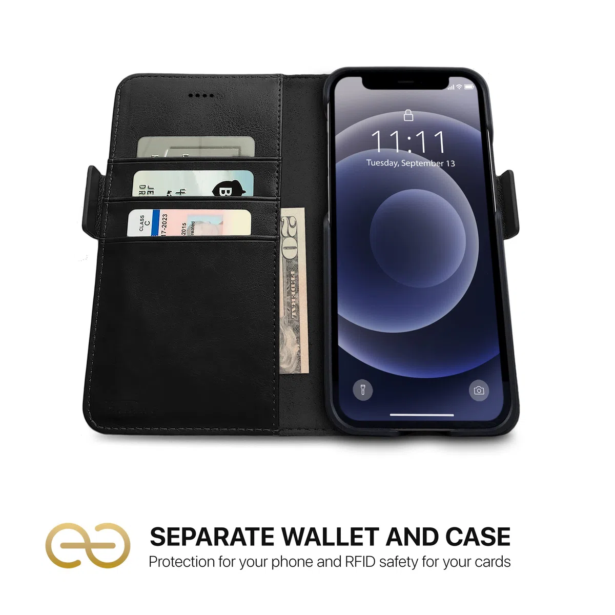 dreem Fibonacci 2in1 Custodia Portafoglio in Pelle per iPhone 12 Pro Max | Cover iPhone Magnetica Antiurto TPU Sottile | Protezione RFID | 2 Posizioni | Confezione Regalo – Nero